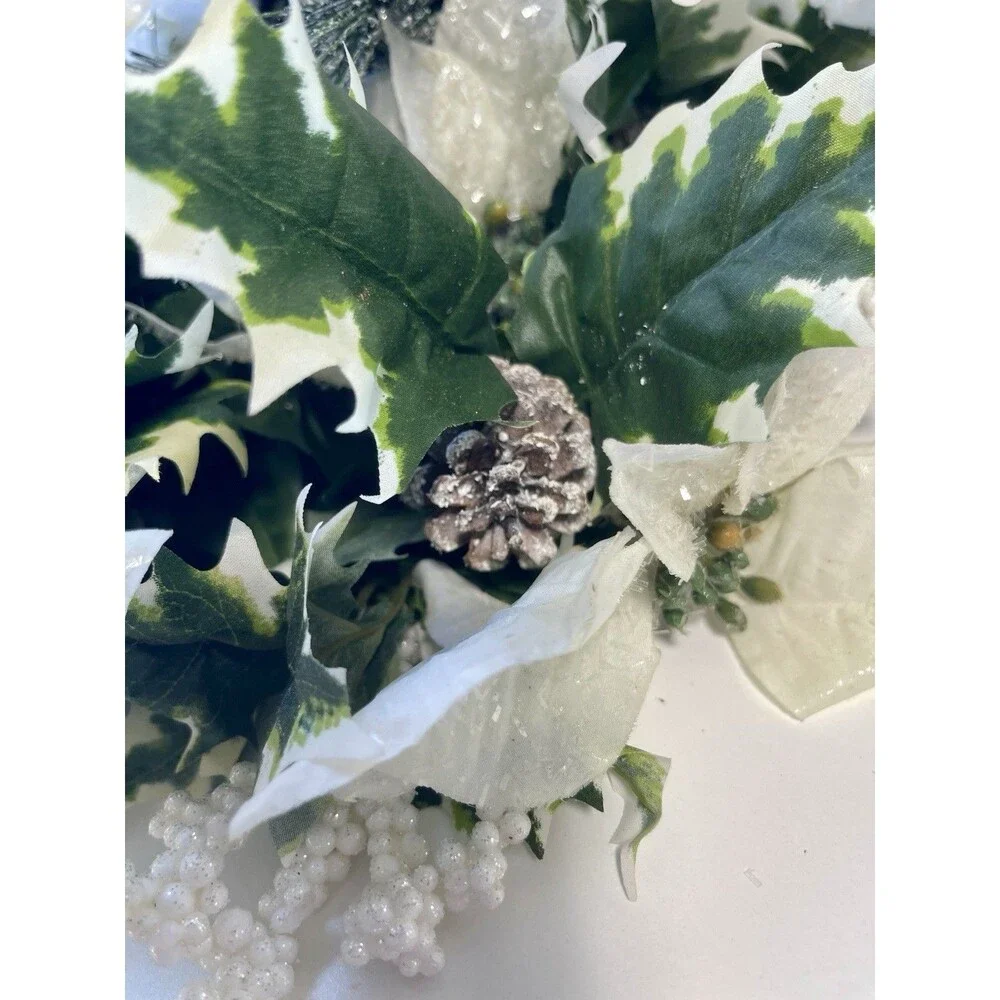 Lot of 3 White Artificial Poinsettias, Snowy pine and Sliver Ornaments